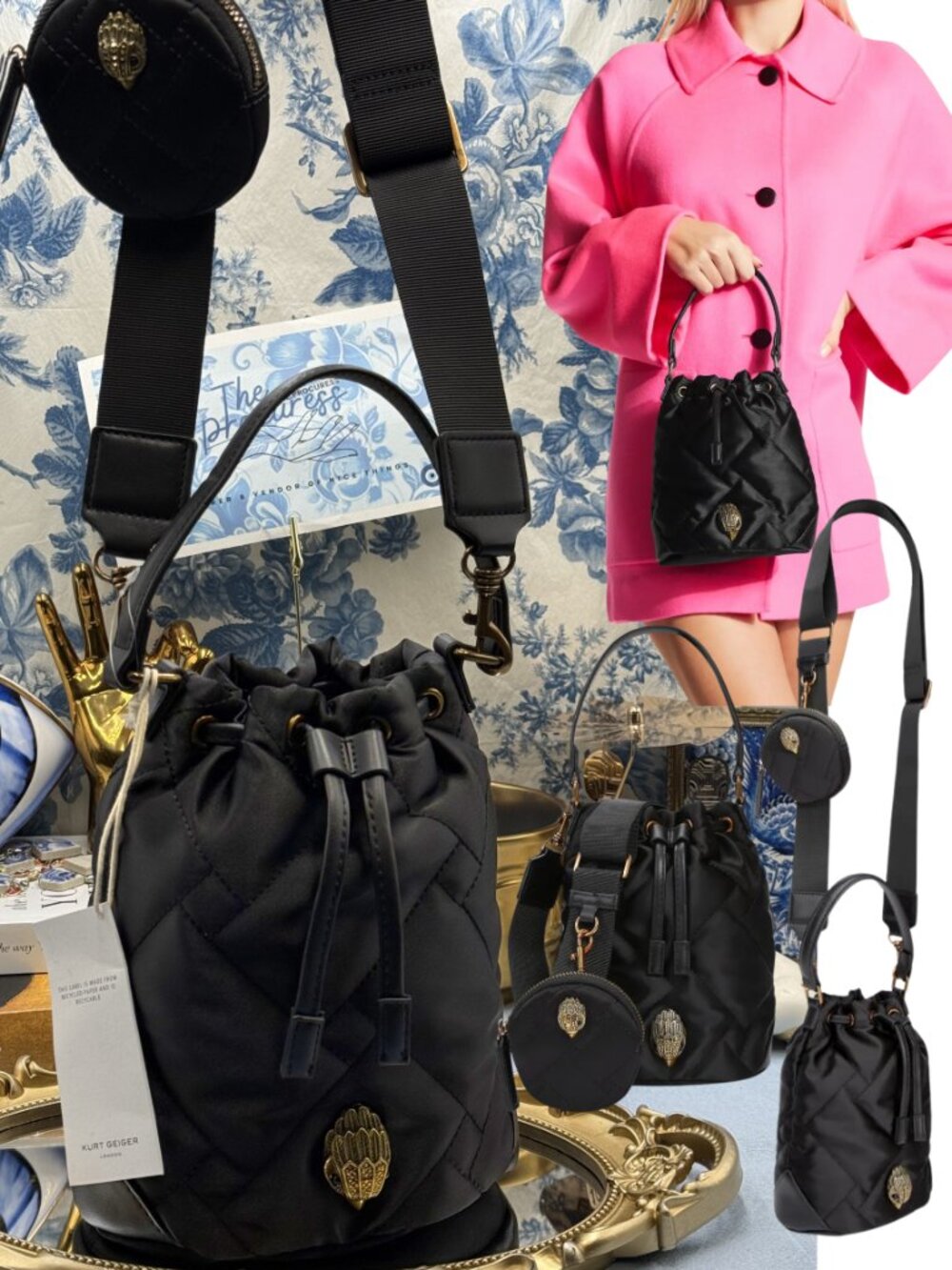 🆕 KURT GEIGER LONDON 🧿 NWT Recycled Multi Drawstring Bucket Bag, Black - Picture 2 of 12